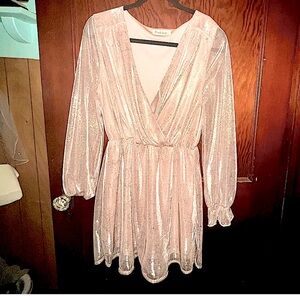 Peach Love champagne metallic faux wrap dress. Never been worn!